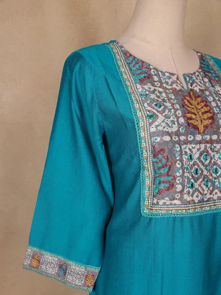 Aqua Blue Floral Designed Raw Silk Salwar Suit - Diadem