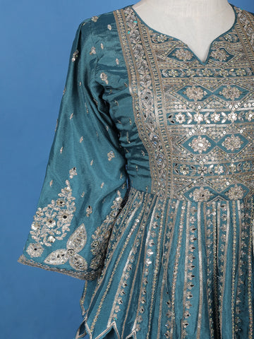 Teal Blue Floral Mirror Zari Embroidery Georgette Lehenga - Diadem