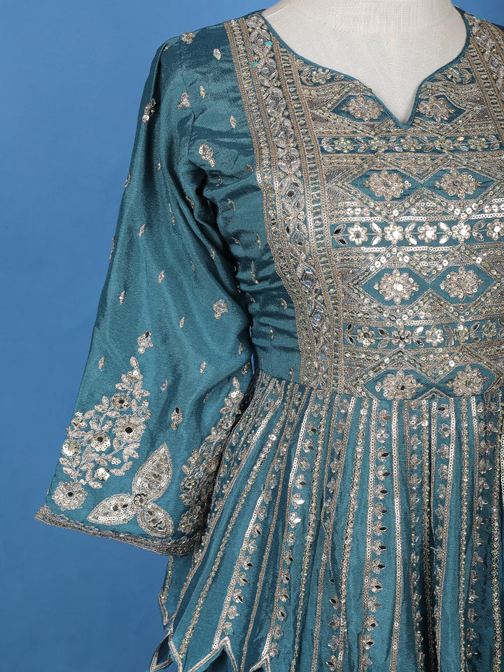 Teal Blue Floral Mirror Zari Embroidery Georgette Lehenga - Diadem