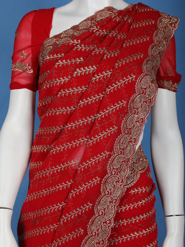 Red Paisley Embroidery Georgette Fancy Saree - Diadem