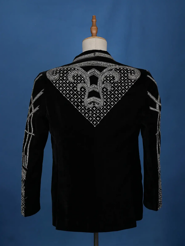 Black Abstract Embroidery Velvet Men's Suit - Diadem