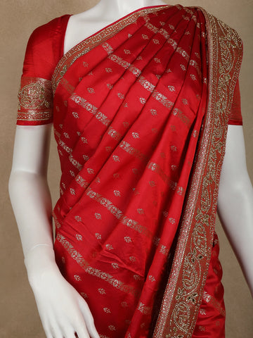 Red Floral Weave and Stone Work Banarasi Silk Saree - Diadem