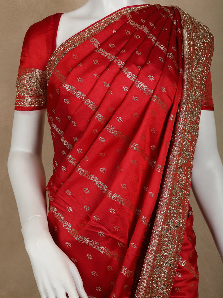 Red Floral Weave and Stone Work Banarasi Silk Saree - Diadem