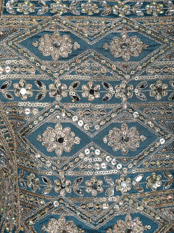Teal Blue Floral Mirror Zari Embroidery Georgette Lehenga - Diadem