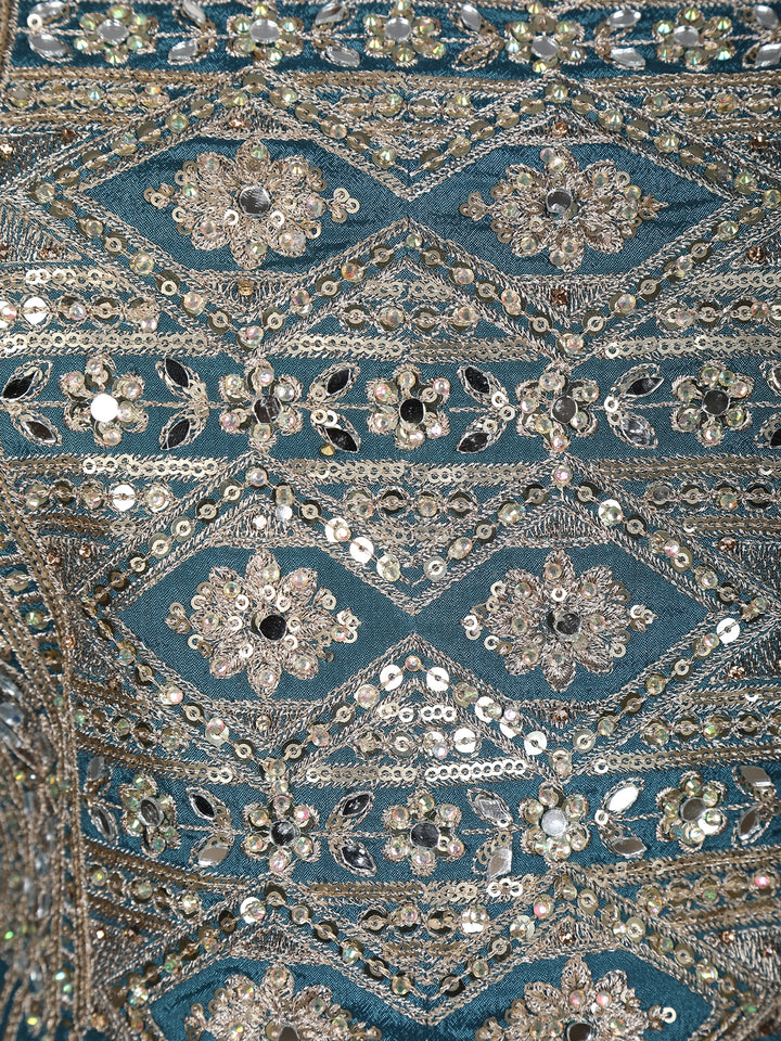 Teal Blue Floral Mirror Zari Embroidery Georgette Lehenga - Diadem