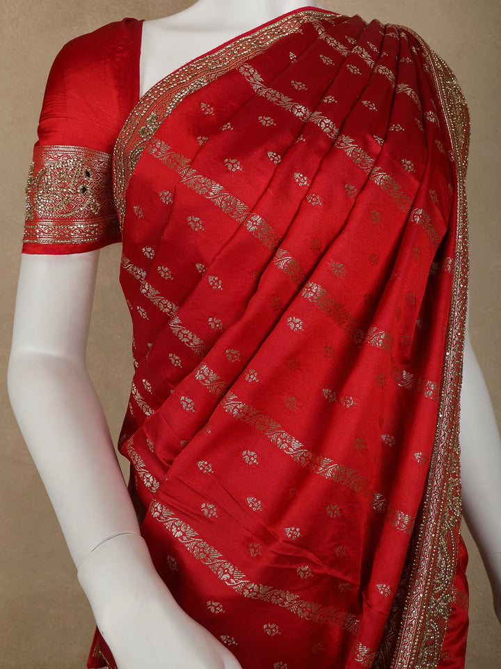 Red Floral Weave and Stone Work Banarasi Silk Saree - Diadem