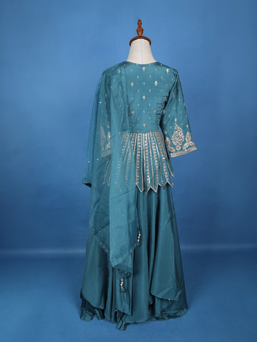 Teal Blue Floral Mirror Zari Embroidery Georgette Lehenga - Diadem