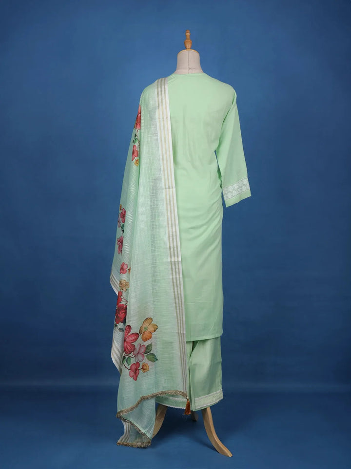 Pista Green Straight Cut Salwar Suit Adorned with Embroidery and Floral Design with Dupatta - Diadem