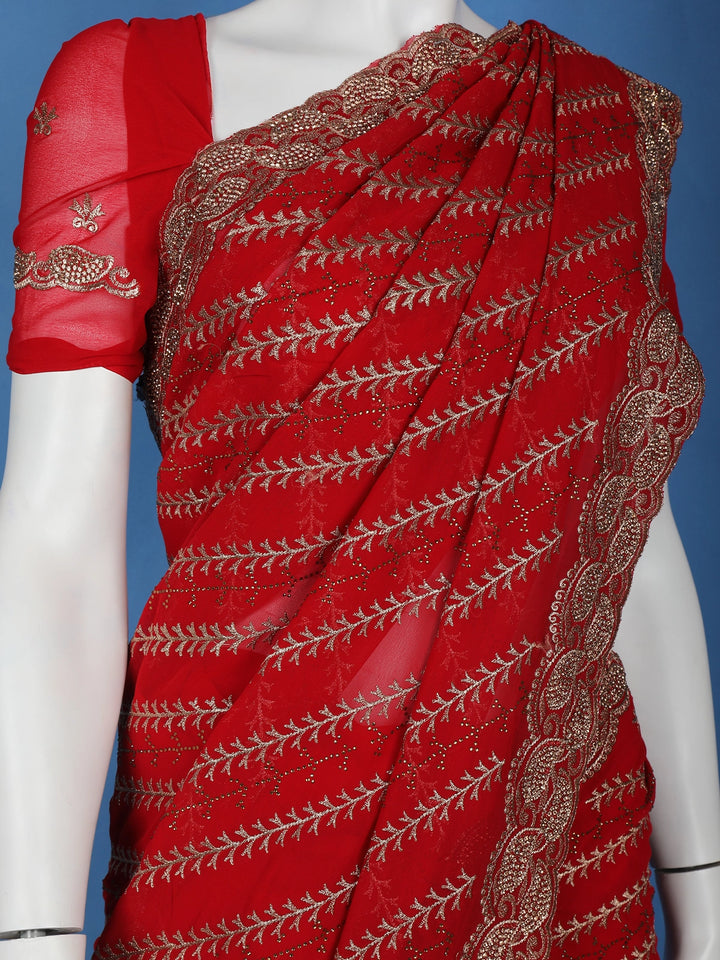 Red Paisley Embroidery Georgette Fancy Saree - Diadem
