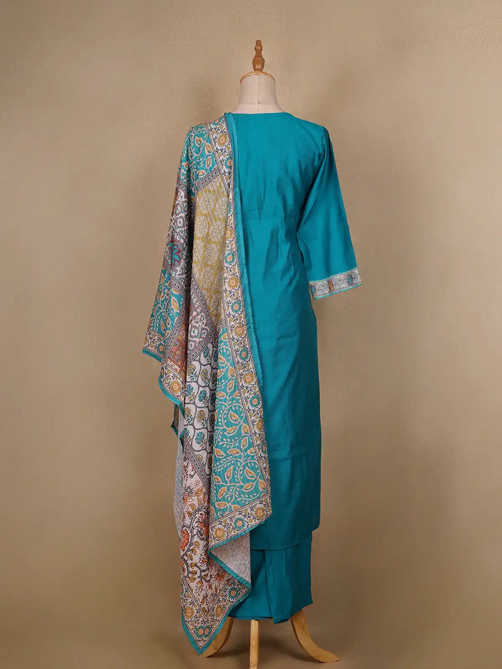 Aqua Blue Floral Designed Raw Silk Salwar Suit - Diadem