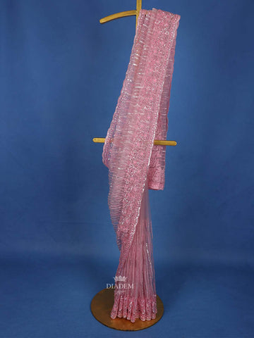 Pink Sequin Embroidery Designed Net Bridal Saree - Diadem