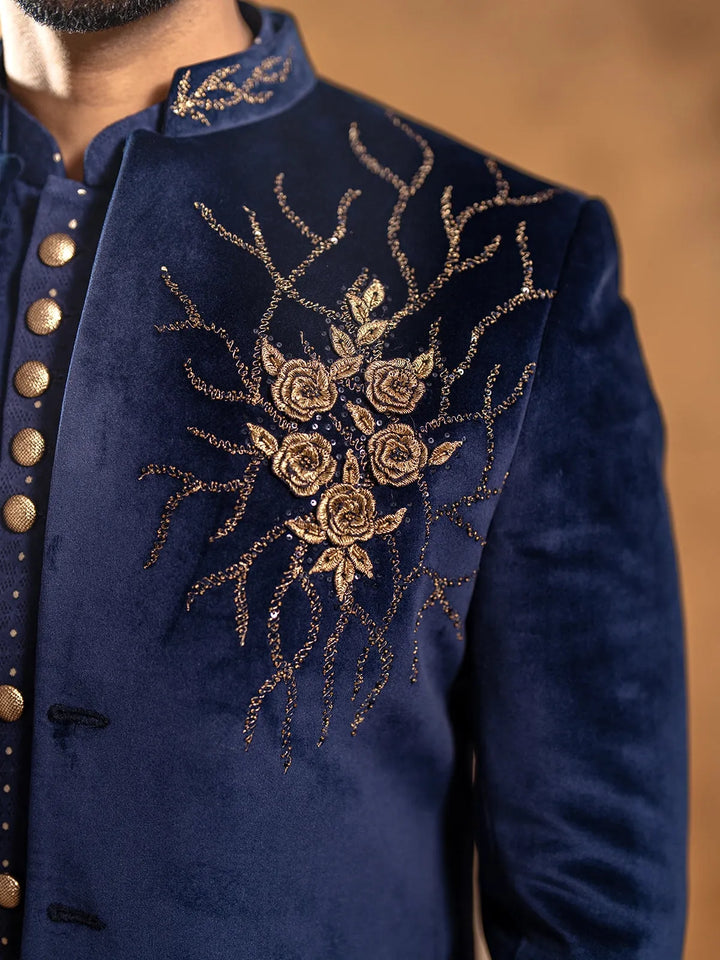 Navy Blue Floral Embroidery Jodhpuri Men's Suit - Diadem