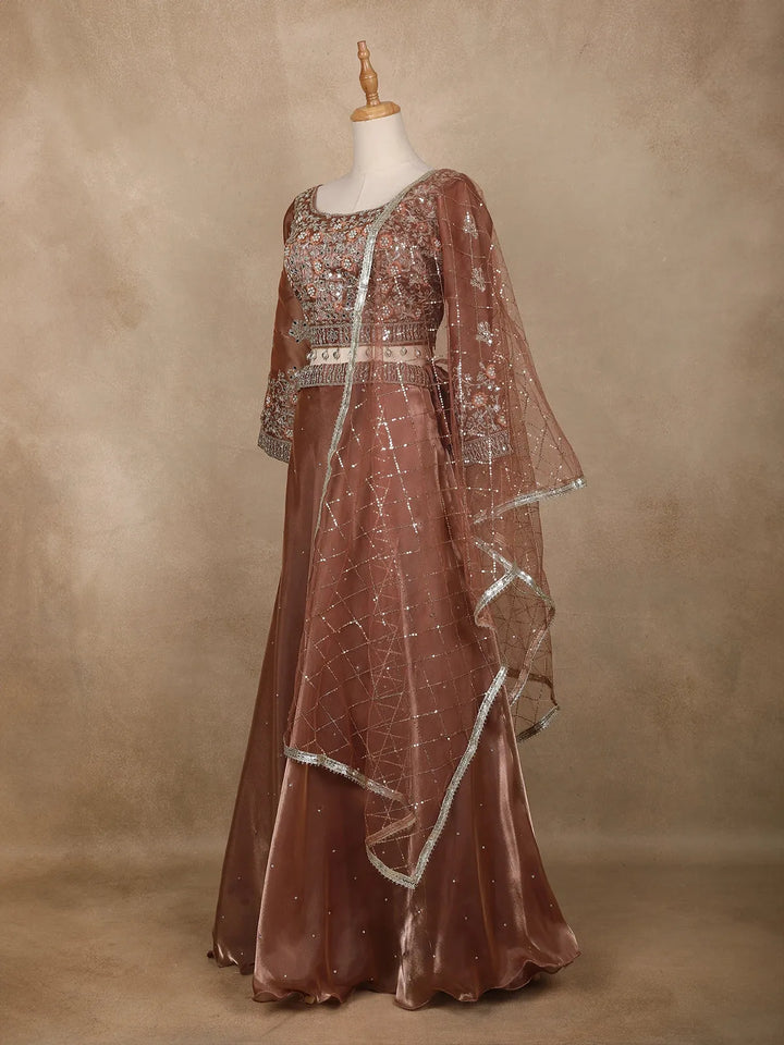 Coral Floral Embroidered Organza Bridesmaids Lehenga - Diadem