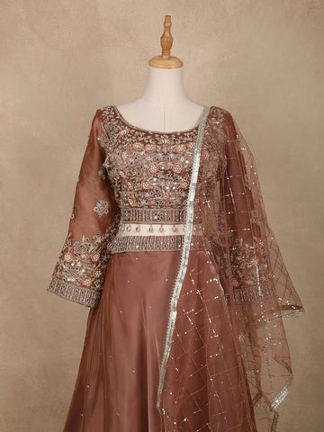 Coral Floral Embroidered Organza Bridesmaids Lehenga - Diadem