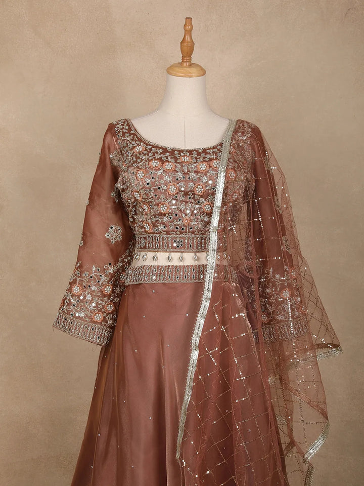 Coral Floral Embroidered Organza Bridesmaids Lehenga - Diadem