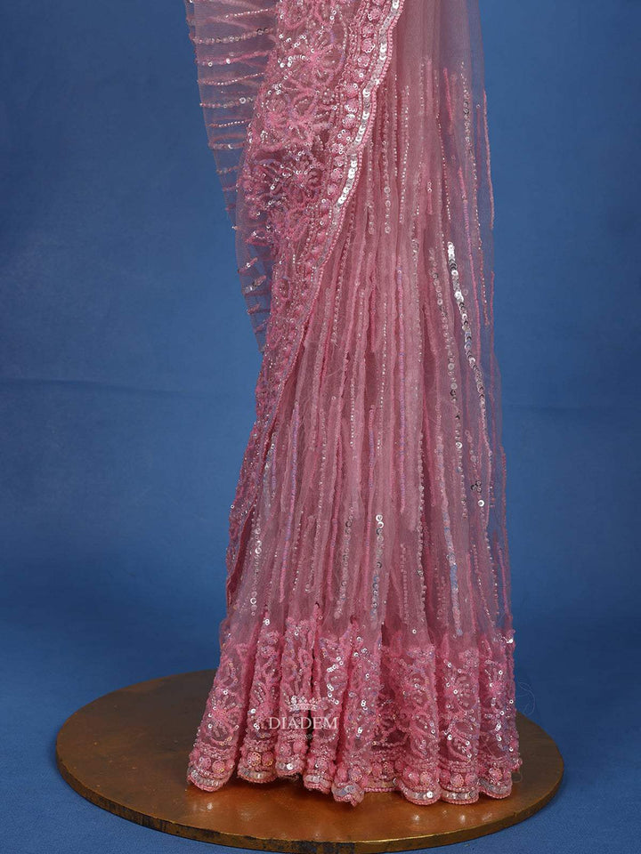 Pink Sequin Embroidery Designed Net Bridal Saree - Diadem