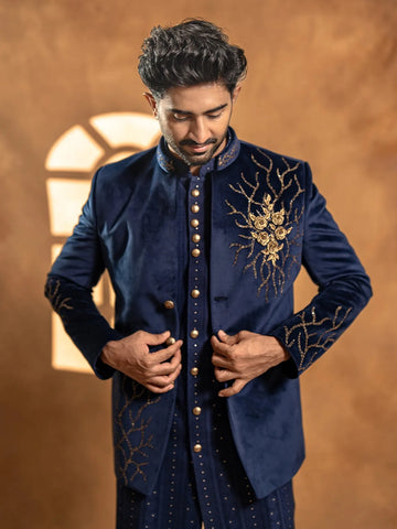 Navy Blue Floral Embroidery Jodhpuri Men's Suit - Diadem