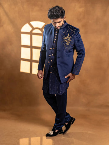 Navy Blue Floral Embroidery Jodhpuri Men's Suit - Diadem