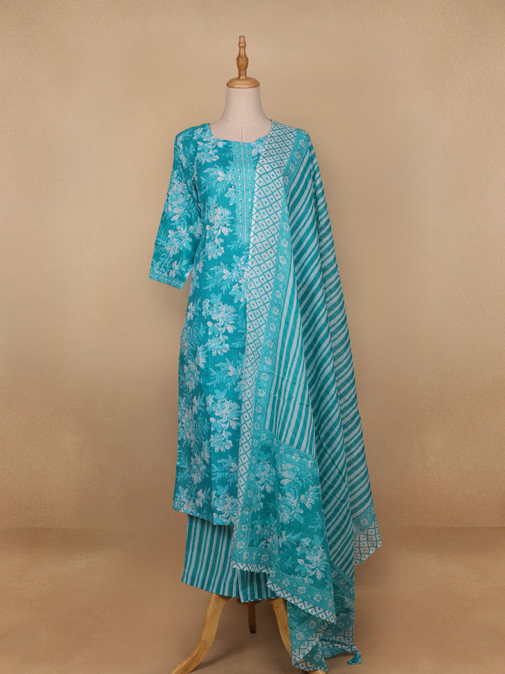 Sky Blue Floral Designed Cotton Salwar Suit - Diadem