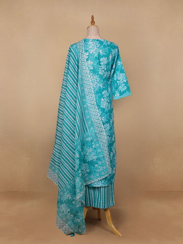 Sky Blue Floral Designed Cotton Salwar Suit - Diadem