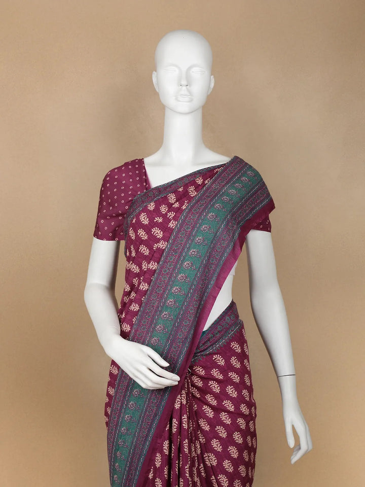Dark Red Floral Designed Cotton Saree - Diadem