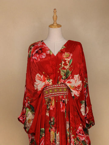 Red Floral Printed Kaftan style Crepe Gown - Diadem
