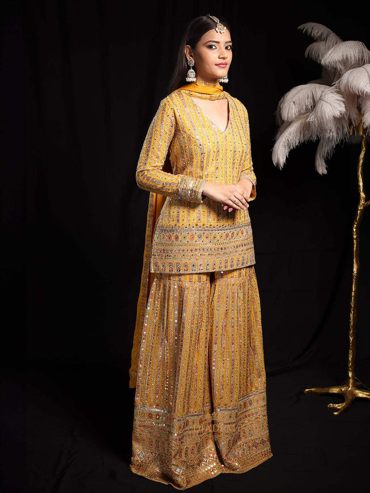 Yellow Floral Embroidered Georgette Sharara Salwar Suit - Diadem