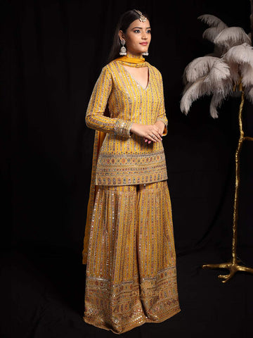 Yellow Floral Embroidered Georgette Sharara Salwar Suit - Diadem