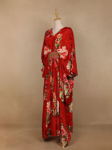 Red Floral Printed Kaftan style Crepe Gown - Diadem