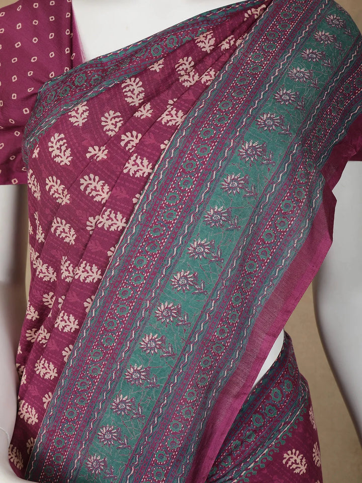 Dark Red Floral Designed Cotton Saree - Diadem