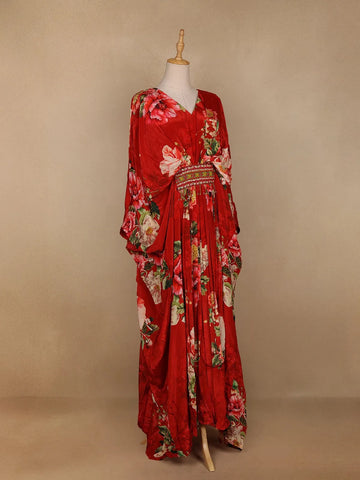 Red Floral Printed Kaftan style Crepe Gown - Diadem