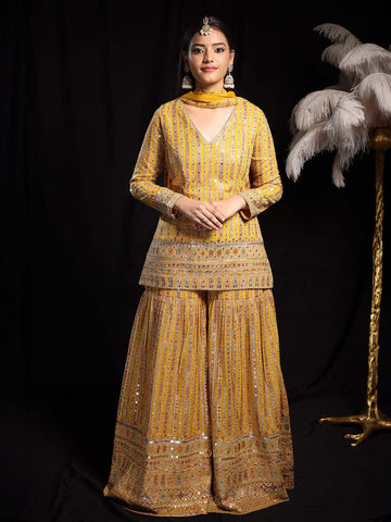 Yellow Floral Embroidered Georgette Sharara Salwar Suit - Diadem