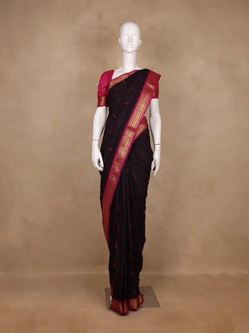 Black Floral Designed Cotton Saree - Diadem