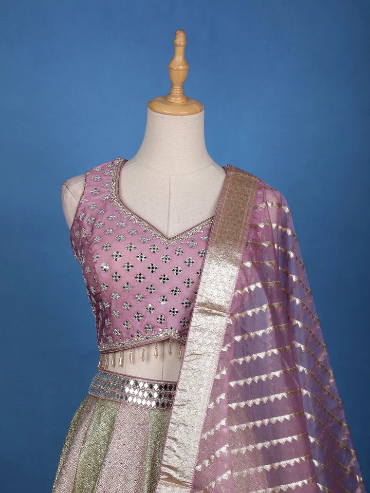Dusty Pink and Olive Green Mirror Work Bridal Lehenga with Zari Dupatta - Diadem