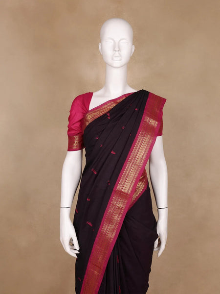 Black Floral Designed Cotton Saree - Diadem