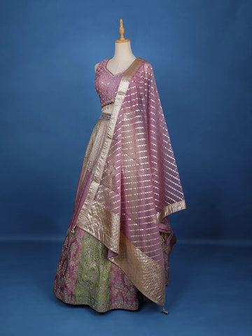 Dusty Pink and Olive Green Mirror Work Bridal Lehenga with Zari Dupatta - Diadem