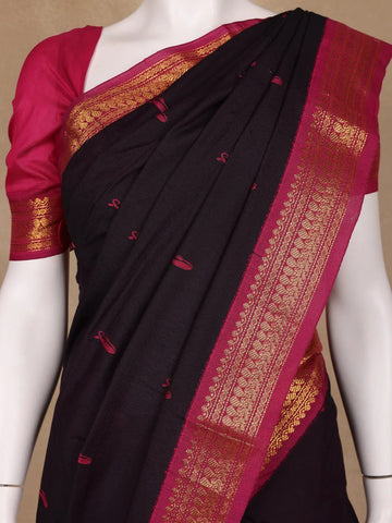 Black Floral Designed Cotton Saree - Diadem