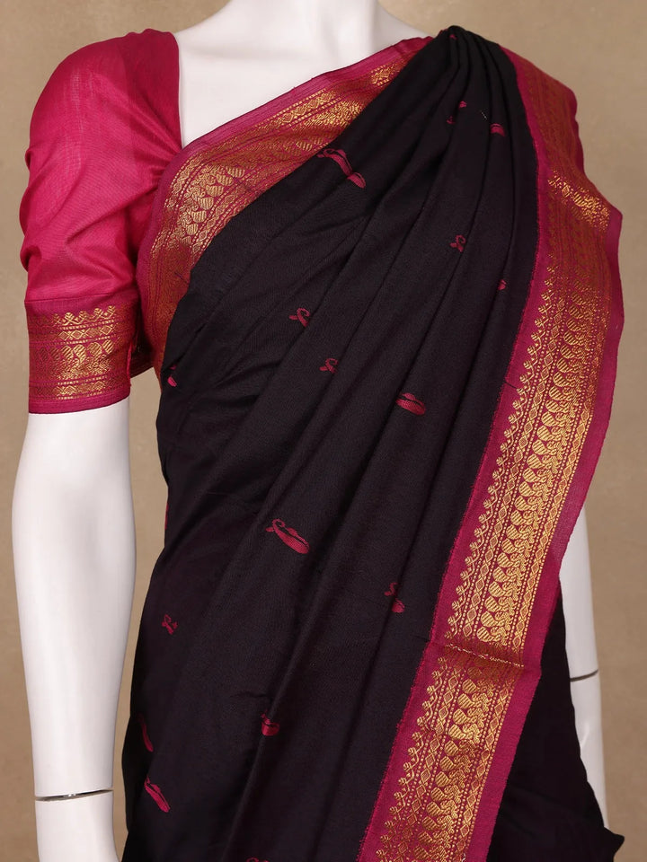 Black Floral Designed Cotton Saree - Diadem