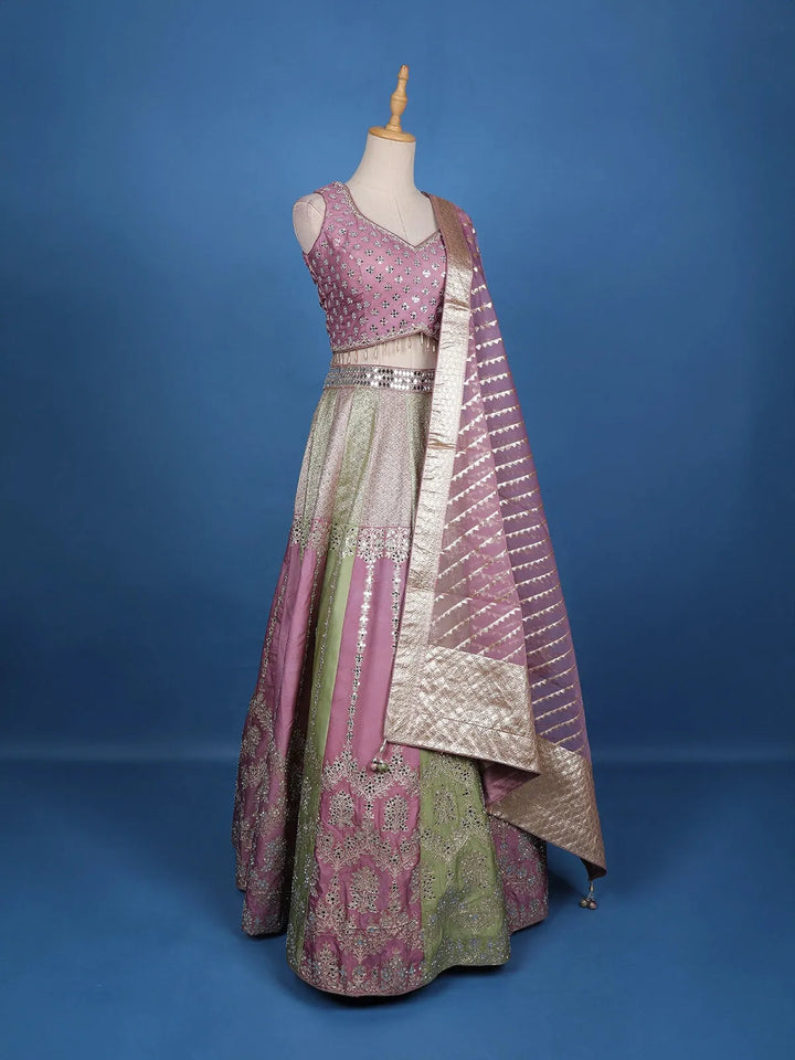 Dusty Pink and Olive Green Mirror Work Bridal Lehenga with Zari Dupatta - Diadem