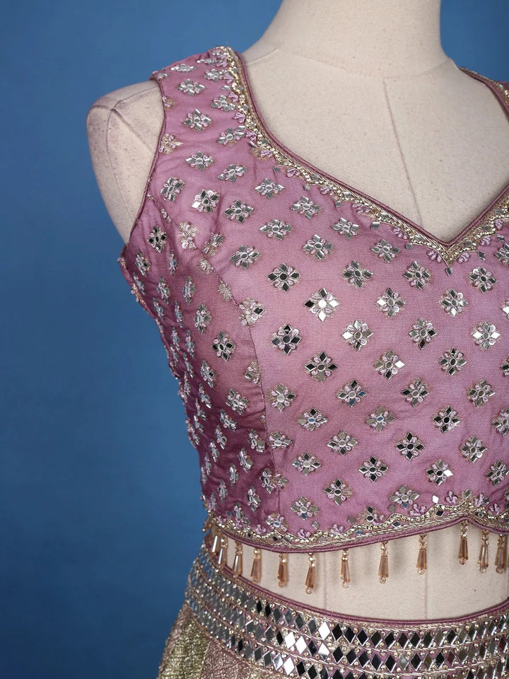 Dusty Pink and Olive Green Mirror Work Bridal Lehenga with Zari Dupatta - Diadem