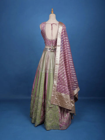 Dusty Pink and Olive Green Mirror Work Bridal Lehenga with Zari Dupatta - Diadem