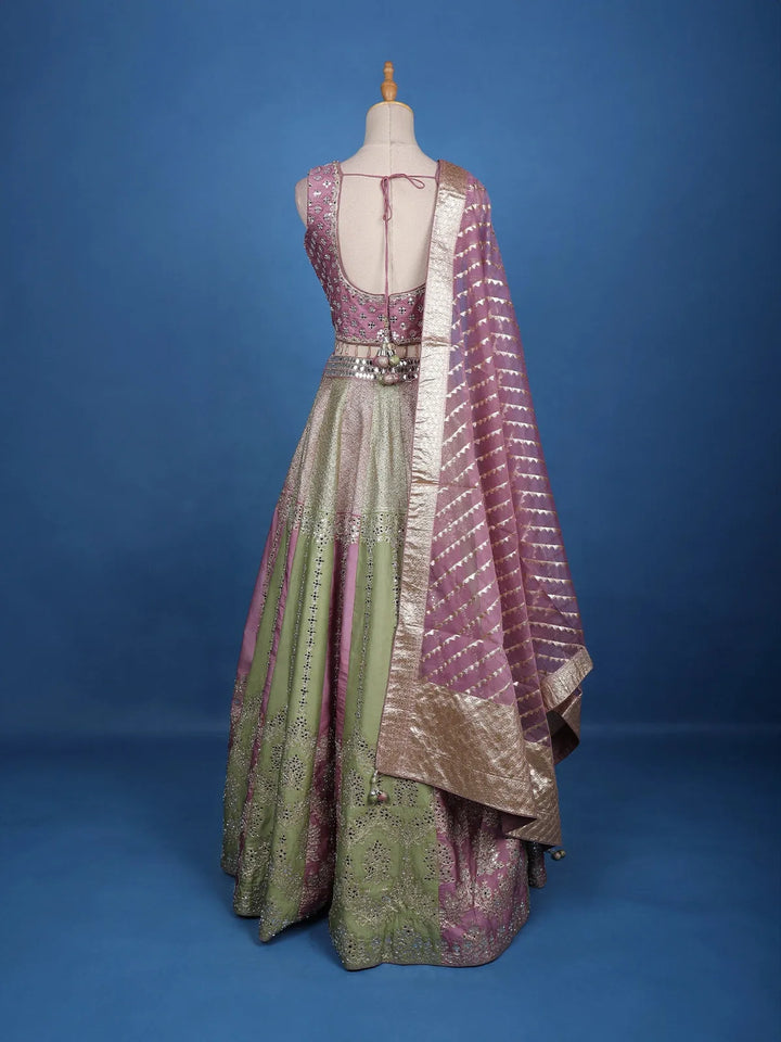 Dusty Pink and Olive Green Mirror Work Bridal Lehenga with Zari Dupatta - Diadem