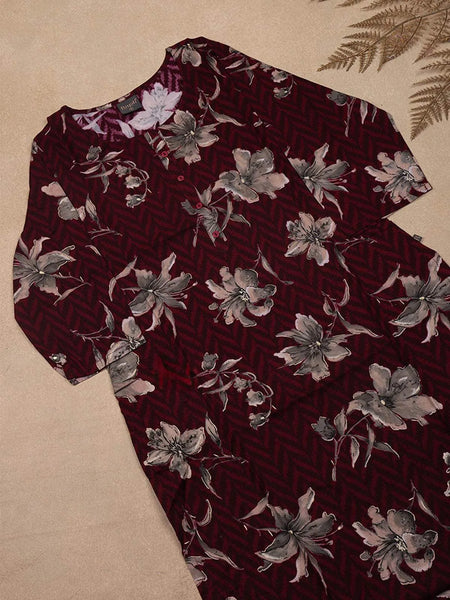 Burgundy Floral Printed Cotton Kurti - Diadem
