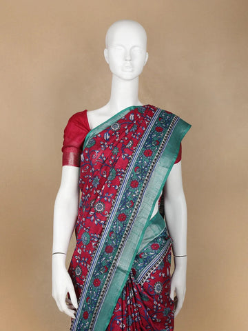 Dark Red Floral Designed Cotton Saree - Diadem