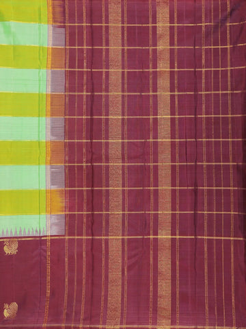 Green and Yellow Stripes Woven Pure Kanchipuram Silk Saree - Diadem
