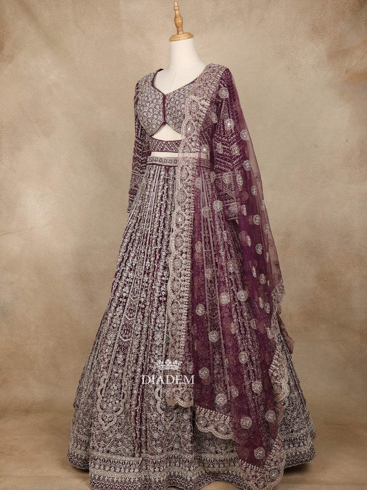 Marron Net Floral Embroidery Bridal Lehenga - Diadem