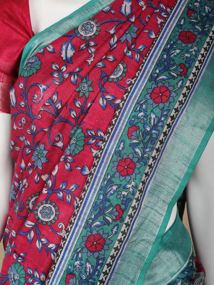 Dark Red Floral Designed Cotton Saree - Diadem