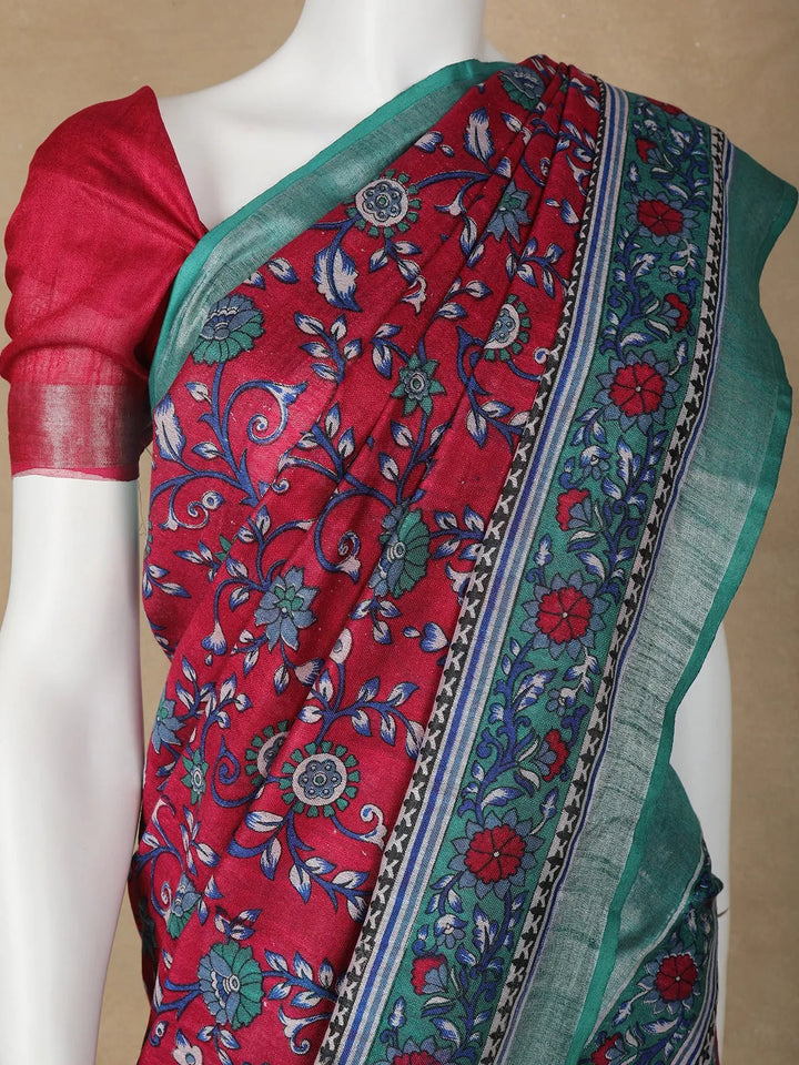 Dark Red Floral Designed Cotton Saree - Diadem