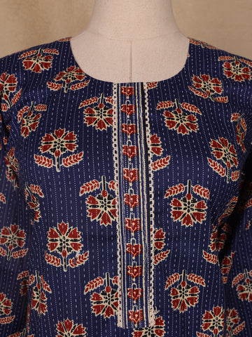 Dark Blue Floral Designed Cotton Salwar Suit - Diadem