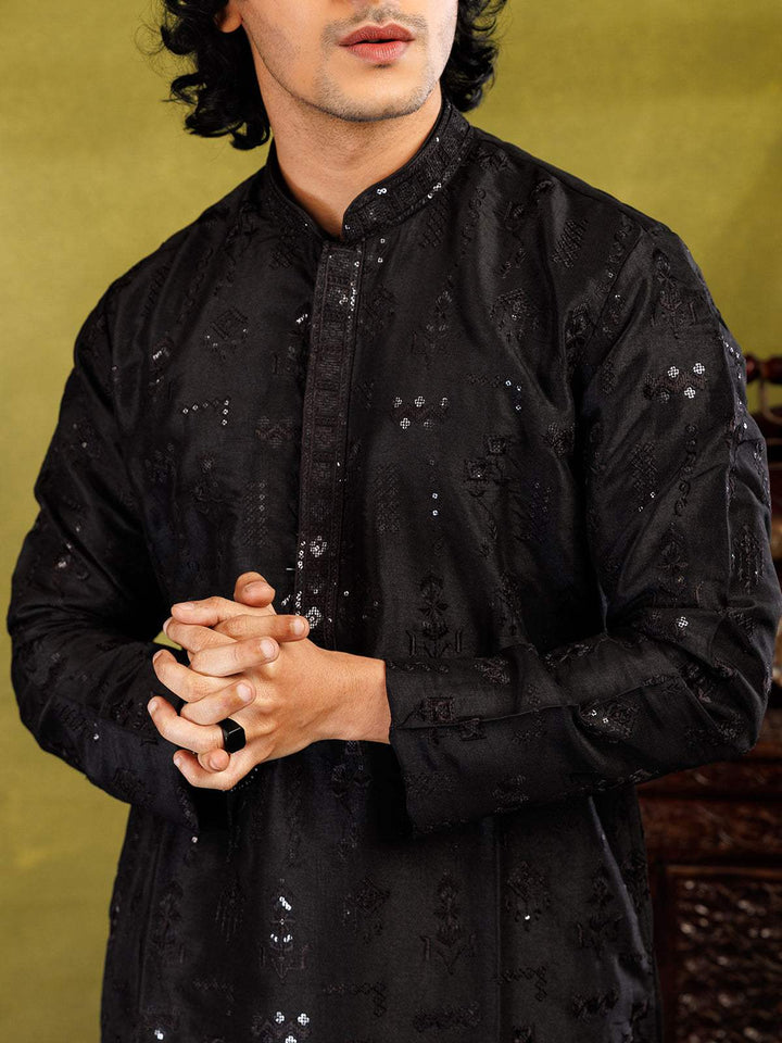 Black Kurta Set With Sequin Embroidery, With Pant - Diadem